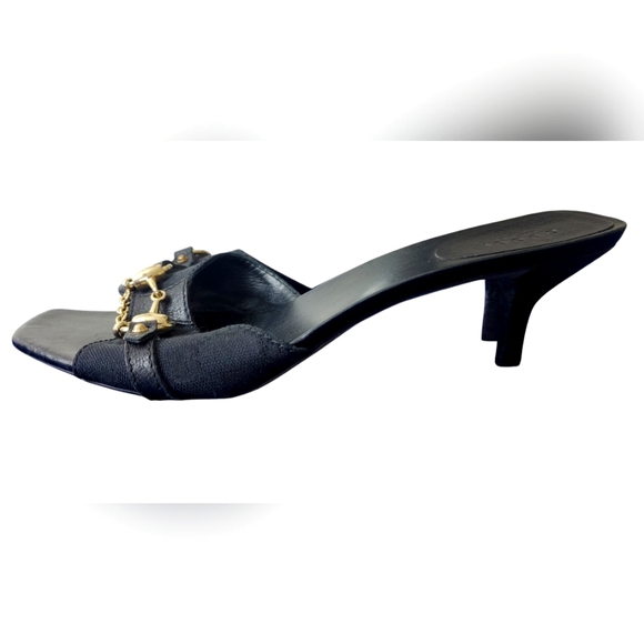 Gucci Canvas Horsebit Mules Black Kitten Heels Size 8.5 Vintage - Picture 2 of 11